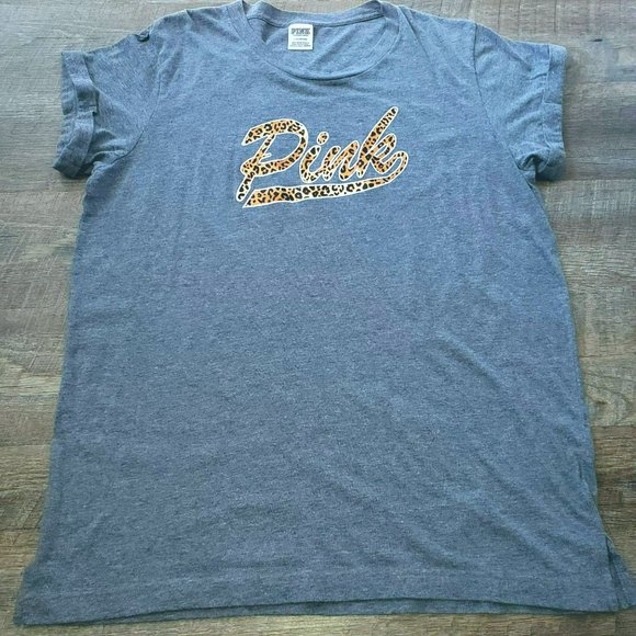 PINK VICTORIA'S SECRET GRAY TSHIRT CHEETAH PRINT SIZE LARGE - Picture 1 of 6